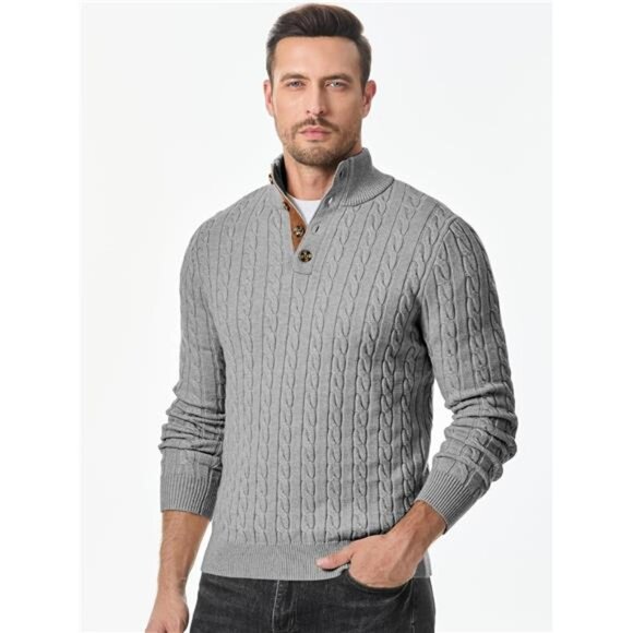 NEW Men's Cable Knit Pullover Sweater Casual Long Sleeve Stand Collar - Picture 6 of 6